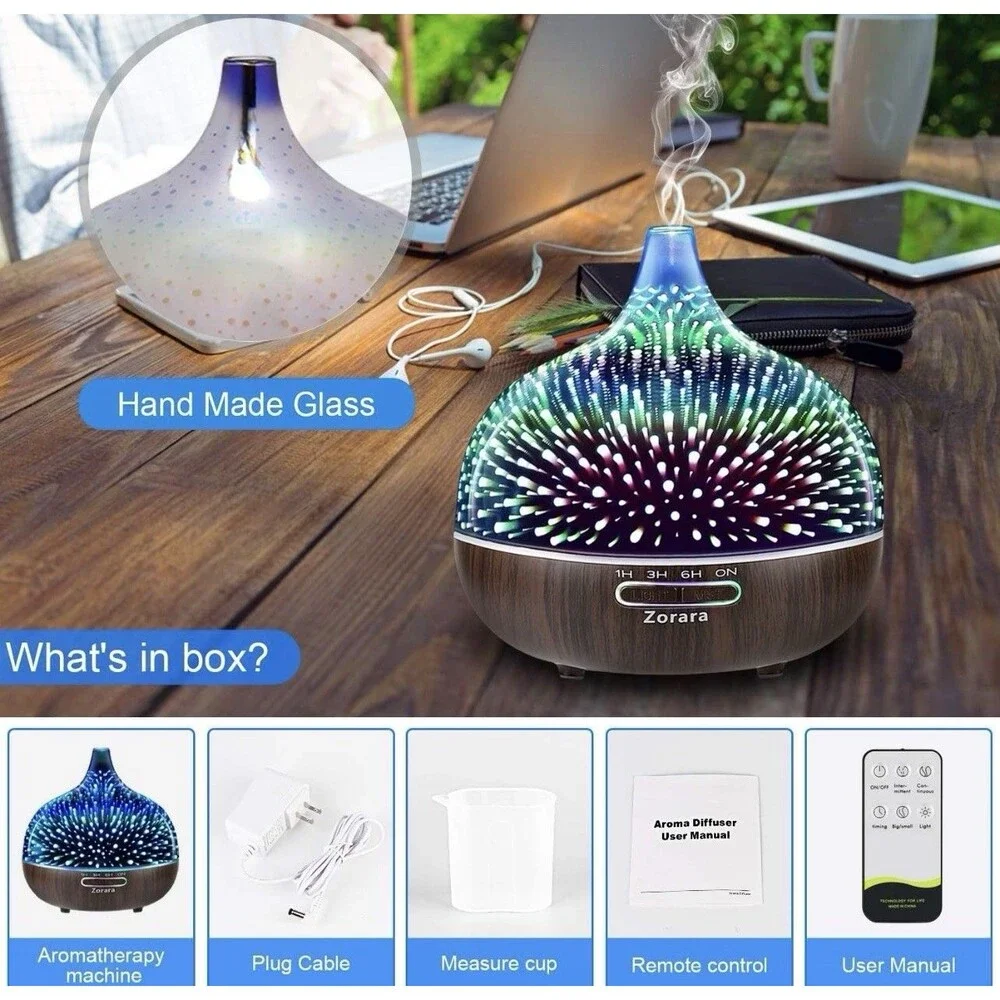 Zorara 3D Glass Aroma Diffuser, 7 Color Changing Led Lights/Waterless Auto Shut